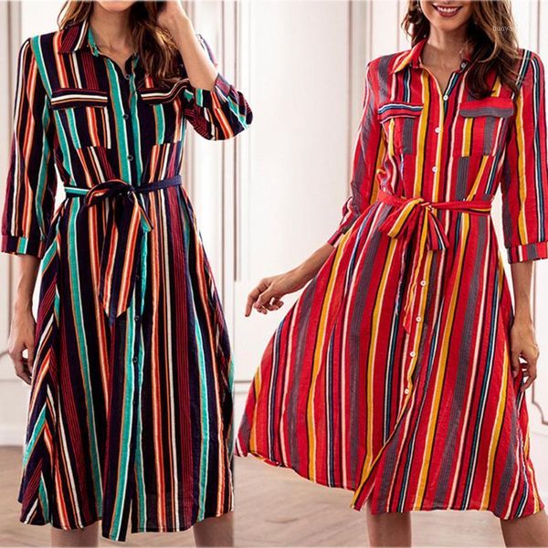 

casual dresses dress women long sleeve striped multicolor loose button beach with belt banquet fashion d41, Black;gray