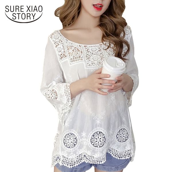 

summer fashion women blouse shirts lace ladies hollow out o neck clothing loose elegant women shirts 0679 40 y200622, White