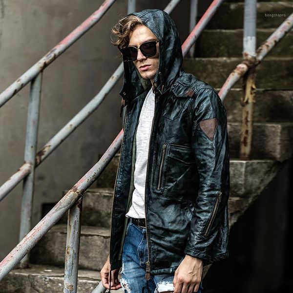 

2019 men's spring sheepskin suede coat designer motorcycle rider hooded jacket genuine leather brand male vintage classic jacket1, Black