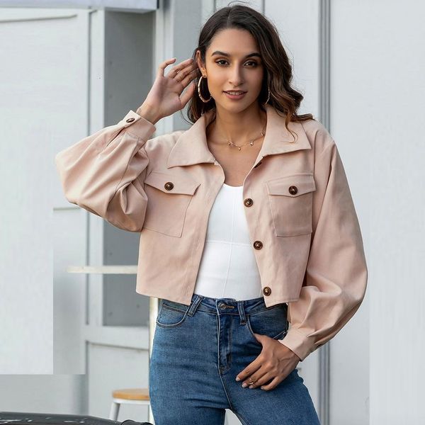 

harajuku women button jackets autumn short jacket casual lantern sleeve loose solid bomber jackets 2020 drop shipping, Black;brown