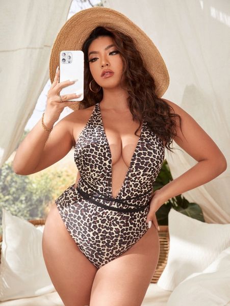 

plus leopard criss cross one piece swimsuit 47gq#, Black