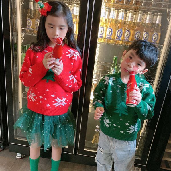 

and winter 2020 new korean autumn children's christmas tree snowflake crew neck pullover knitted sweater, Blue