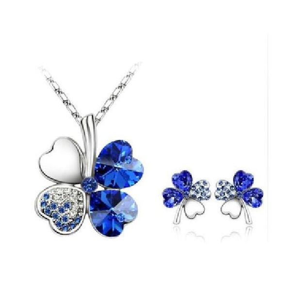 

10 colors women austria crystal four leaf clover necklace earrings jewelry set wholesale kqrsh, Silver