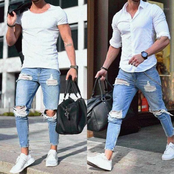 

men's jeans plus size xxxl 2021 men's stretch destroyed ripped design fashion ankle zipper skinny for men1, Blue