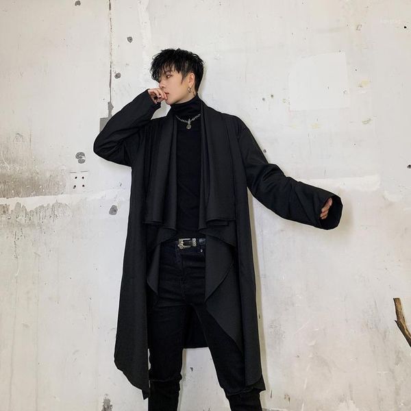 

men japan streetwear punk gothic black irregular long kimono cardigan trench jacket male loose hip hop windbreaker stage coat1, Tan;black