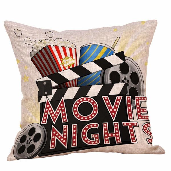

theater cinema personalized cotton linen square burlap decorative throw pillow case cushion cover 18 inch (4 pack movie