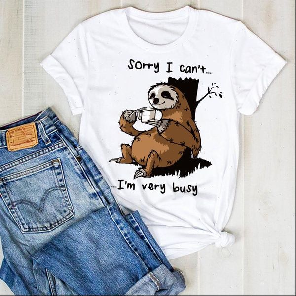 

women lady sloth summer coffee funny cute cartoon ladies t tee tshirt womens female shirt clothes graphic clothing t shirt, White