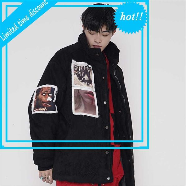 

hip hop parka mens streetwear printed coat cotton velvet jacket outwear winter warm thick, Black;brown