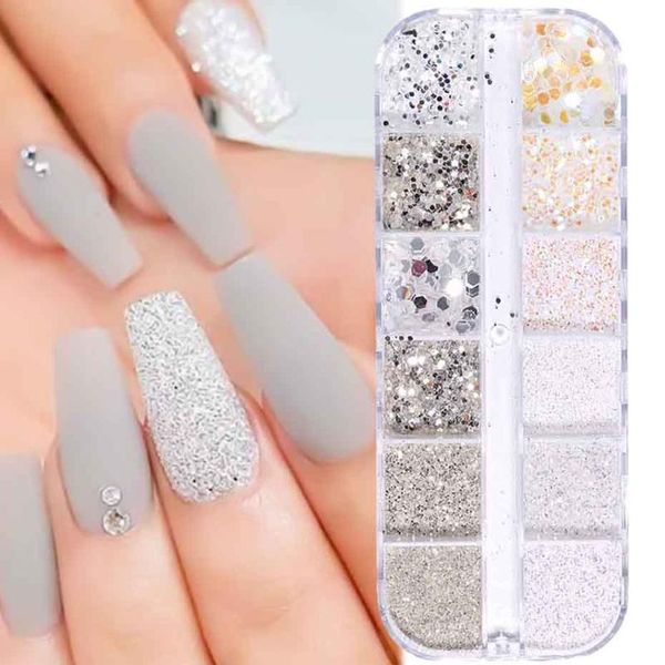 

nail glitter 12grid shiny dust silver holographic hexagon mixed color dip powder mirror winter diy manicure decoration sajy, Silver;gold