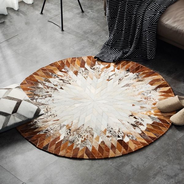 

round shaped natural cowhide seamed rug genuine cows skin fur carpet for living room bedroom decoration american style