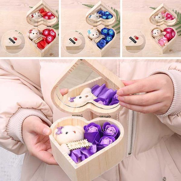 

valentine's day gift box heart shaped wooden box with mirror creative simulated rose soap flower bear gift