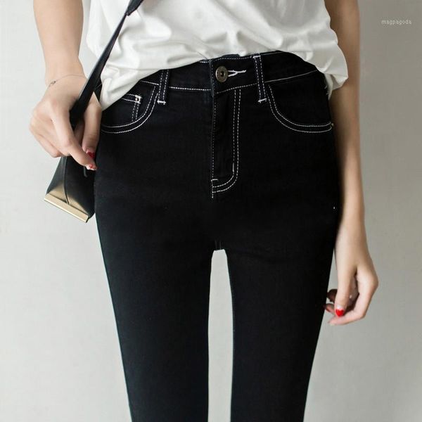 

2020 new fashion skinny denim pencil jeans woman elastic high waist trousers black stretch plus size washed mid trousers l2191, Blue