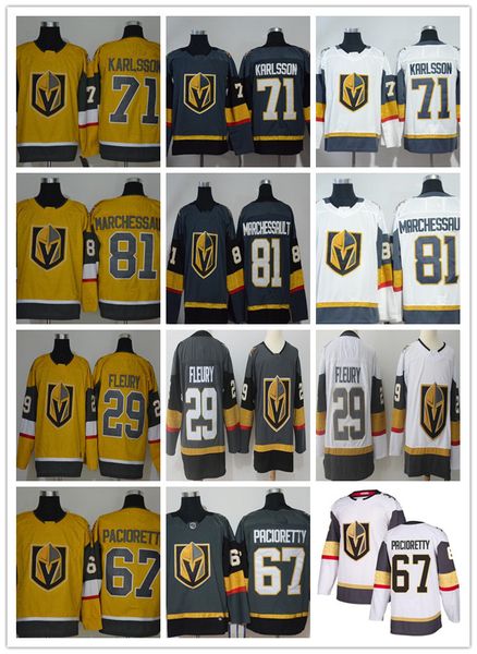 

vegas golden knights 2021 third hockey jerseys gold 29 marc-andre fleury 61 mark stone 67 max pacioretty 81 marchessault jerseys home away, Black;red