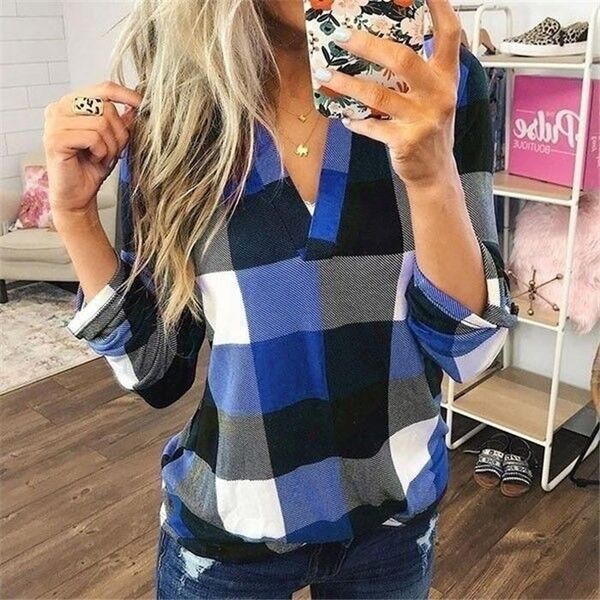 

fashion women shirt plaid print plus size 5xl blouses long sleeve v-neck pullover ladies leisure loose blouses blusas femme, White