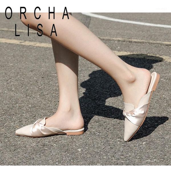 

orchalisa new 2021 ladies slipper pointed toe flat soft slip-on elegant silk stylish mules size 39 female apricot summer a34201, Black