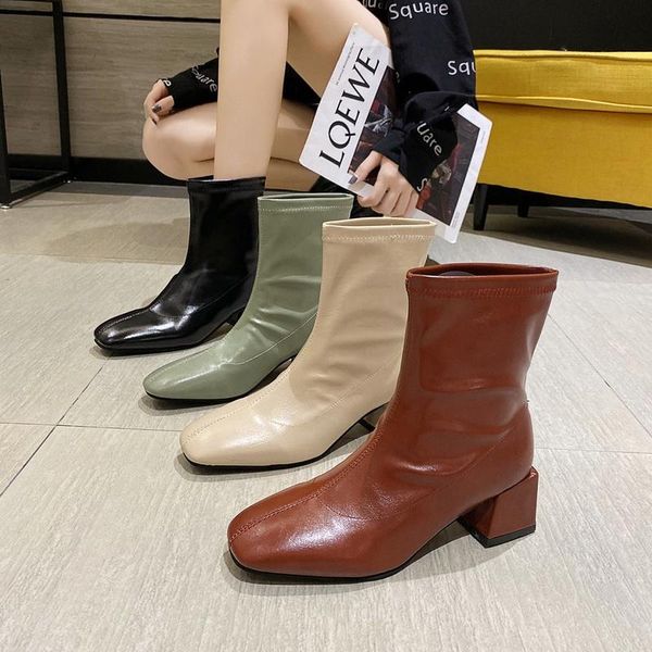 

женские сапоги натуральная кожаная платформа boors boots mid carf square toe квадратные каблуки на женскую повседневную обувь, Black