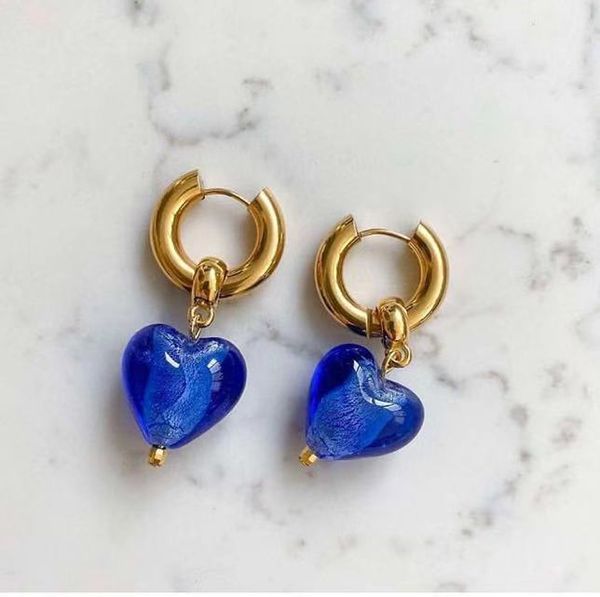

retro minority design hand-made glass heart-shaped gold round ring earrings elegant blue heart-shaped stud earrings for women new fashion de, Golden
