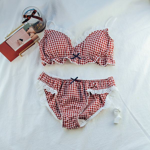 

2020 vintage lattice women bra set lace wireless ultra thin underwear cotton red yellow blue printing bow push up brassiere c1211, Black;white