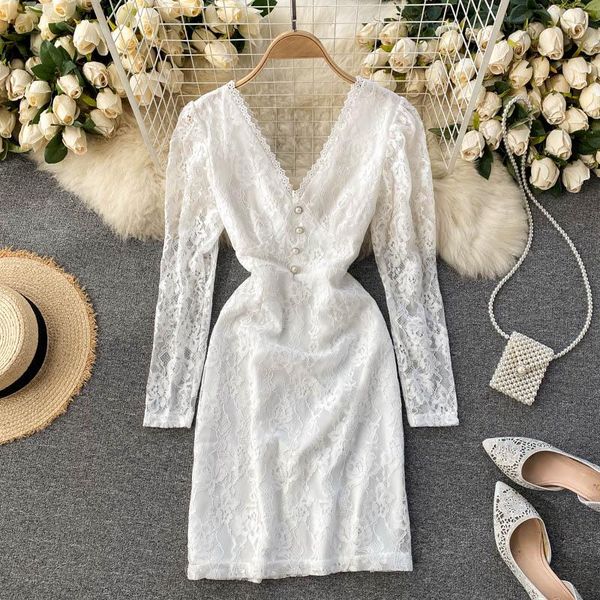 

foamlina women's dress black white french style floral lace mini party dress v-neck hollow out long sleeve spring summer, Black;gray