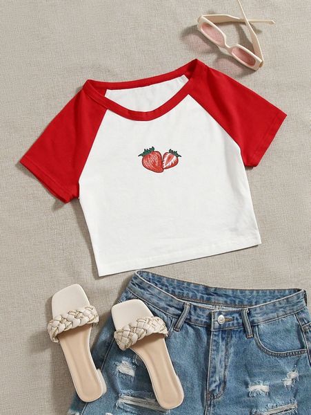 

strawberry print baseball tee w1j1#, White