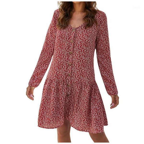 

fashion women dot printed v-neck long sleeve button casual dress women knee length summer dresses boho dress bohemian beach1, Black;gray