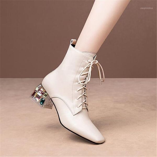 

2020 brand autumn winter boots women shoes genuine leather rhinestone heel ankle boots for women, Black