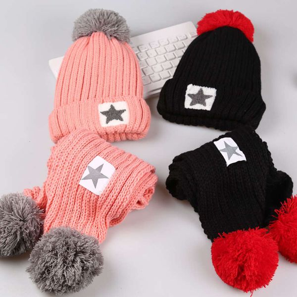 

star new five scarf wool suit warm children's hat in winter, Red;brown