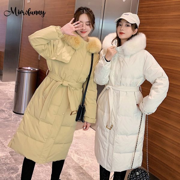 

mimofunny women's down 2020 long winter jacket women hooded coat fur collar parka warm solid korean style bread outwear, Black