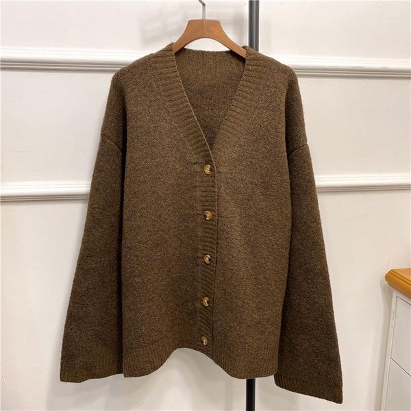 

women loose knittedcardigan single breasted v neck cardigan knit brown sweater1, White