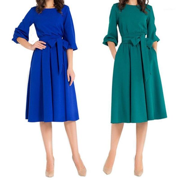 

solid color dress one word collar vintage women puff sleeved pleat waist bow tie casual e1 a-line summer slash neck empire1, Black;gray