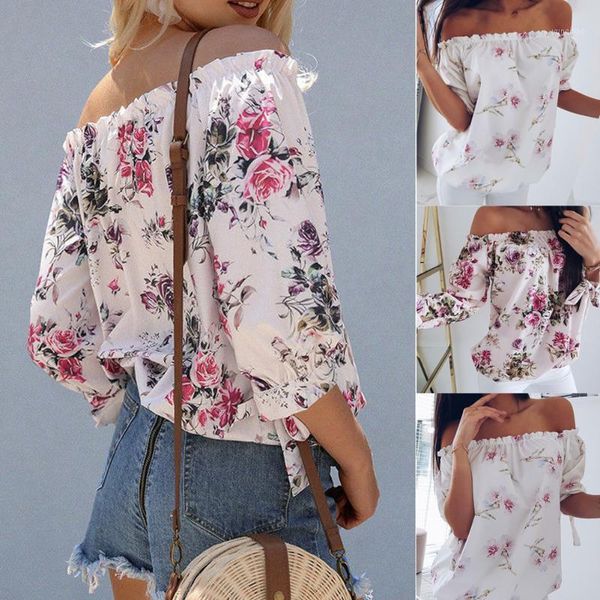 

fashion women flower clothes 3/4 sleeve off shoulder blouse ladies summer floral casual shirts streetwear s-xl1, White