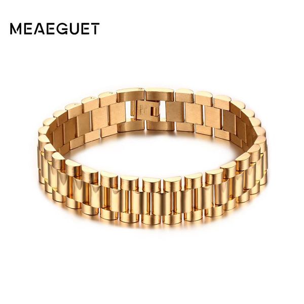 

meaeguet 15mm wide luxury men watch band bracelet gold-color stainless steel strap links cuff bangles jewelry gift length 22cm, Black