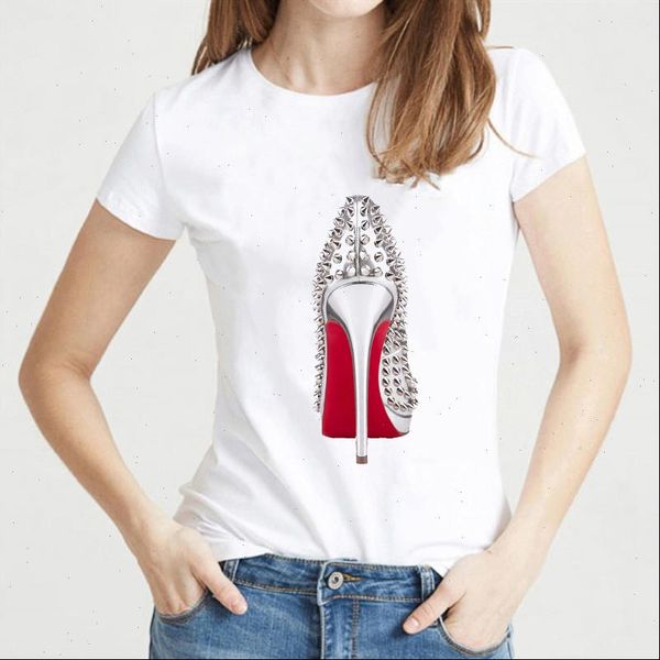 

fashion style t shirt vogue watercolor high heels print t shirt female tees korean clothes camiseta mujer, White