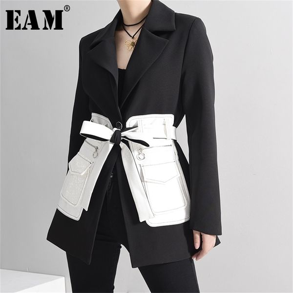 

[eam] women black contrast color pocket blazer new lapel long sleeve loose fit jacket fashion tide spring autumn lj200815, White;black