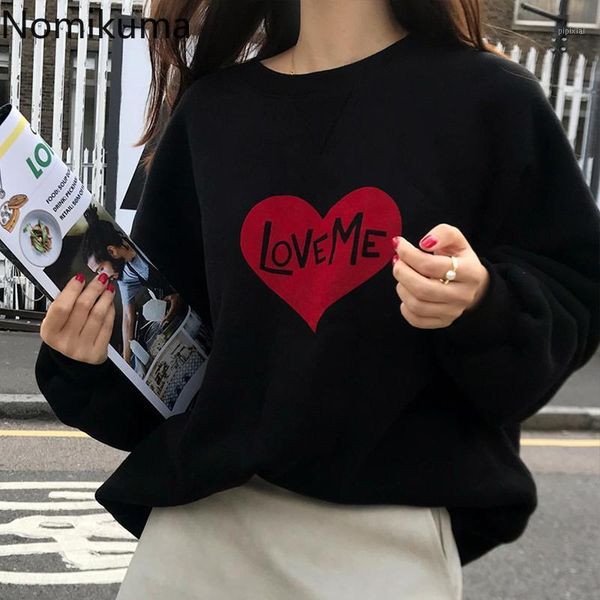 

nomikuma love heart letters printed pullover sweatshirt long sleeve women men jumper 2020 autumn winter fleece hoodies 6c9361, Black