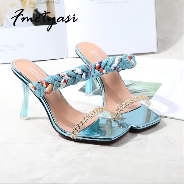 

weave women sandals summer square open toe high heel fashion one-character chain color matching braided belt shoes, Black
