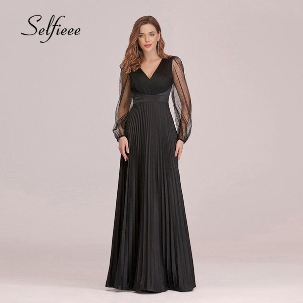 

long sleeve black dresses for women 2021 v-neck a-line floor length maxi pleated evening night party ropa de mujer vrouw jurk, Black;gray