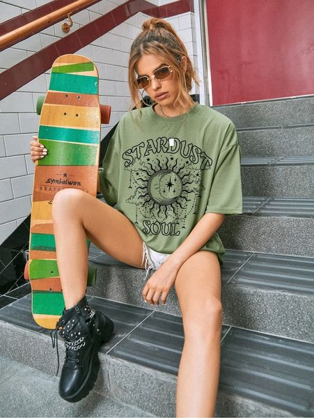 

sun & letter graphic oversized tee t1go#, White