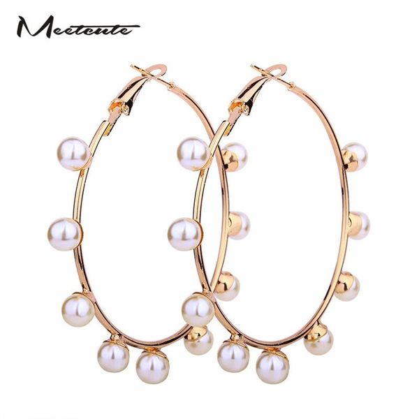 

hoop & huggie meetcute fashion imitation pearl earrings gold color big circle for women exaggerated metal jewelry gifts, Golden;silver