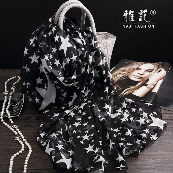 

scarves 100% real silk scarf women 2021 foulard femme female black and white stars hangzhou long printed autumn winter, Blue;gray