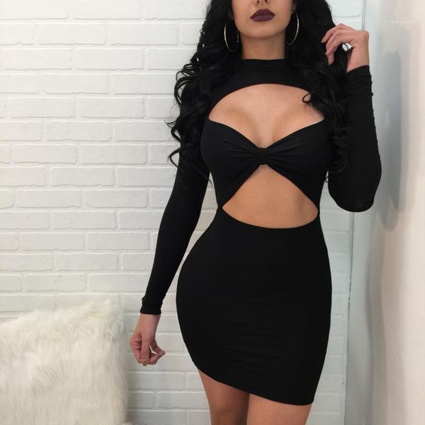 

women's mini dress fashion solid color hollow long sleeve pencil dress women nightclub bag hip party dresses 20201, Black;gray