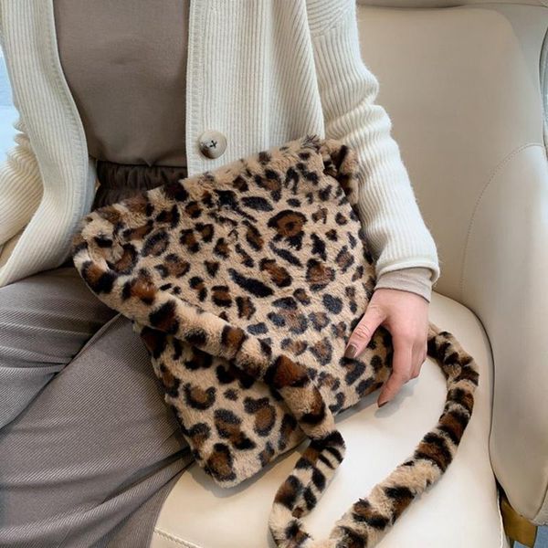 

cross body leopard plush shoulder bags for women's autumn and winter fashion ladies vintage handbags women large capacity messenger bag