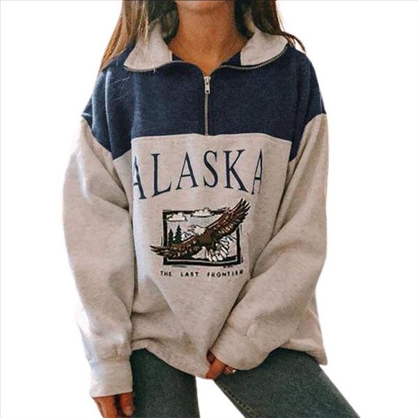 

women stand collar half zipper letter eagle print sweatshirt blouse pullover, Black