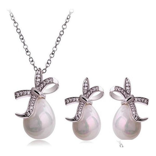 

water drop faux pearl and rhinestone crystal bow necklace and earrings jewelry sets qasfx, Silver