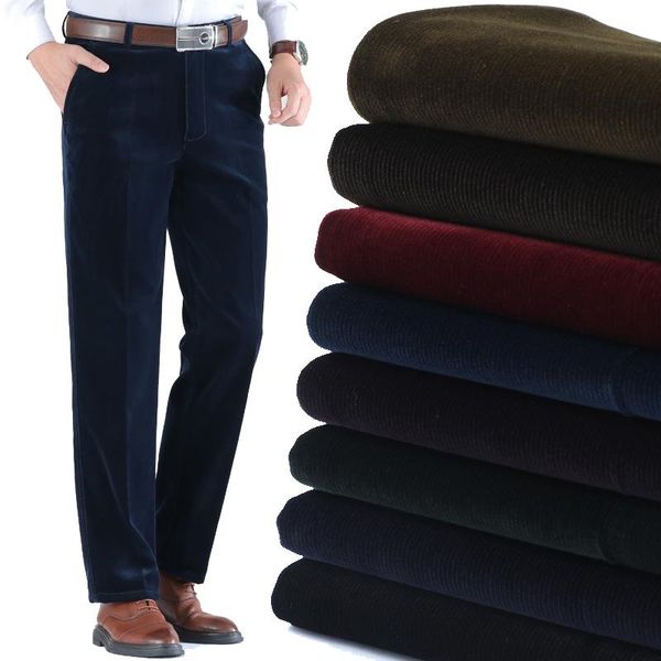 

men's pants spring autumn men corduroy middle-aged high waist loose straight trousers stretch business casual, Black