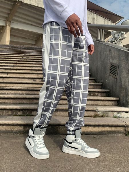 

men plaid print carrot pants 63p4#, Black
