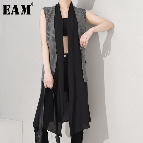 

[eam] women loose fit striped chiffon stitch irregular vest new v-collar sleeveless fashion tide spring summer jx79701 201102, Black;white