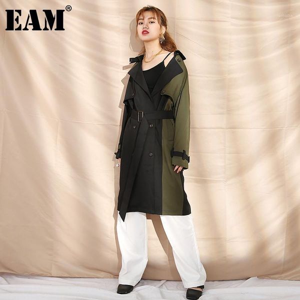 

eam] women black contrast color trench new lapel long sleeve loose fit windbreaker fashion tide autumn winter 2020 19b-a373-061, Tan;black