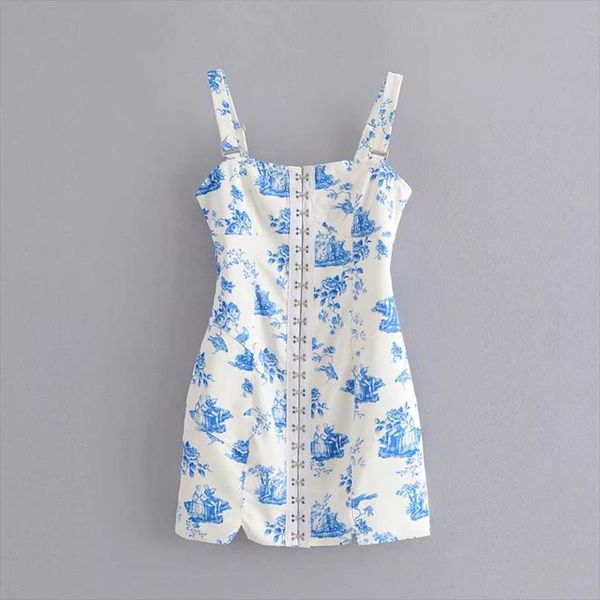 

vintage chic blue and white porcelain print hook button dress elegant ladies square collar sling mini dresses, Black;gray