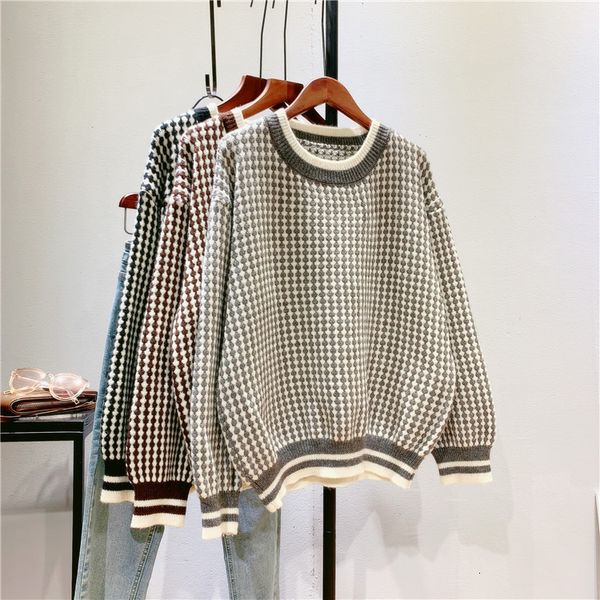 

2021 new autumn o-neck long sleeve plaid warm sweater fashion winter casual women pullovers pull femme nbtu, White